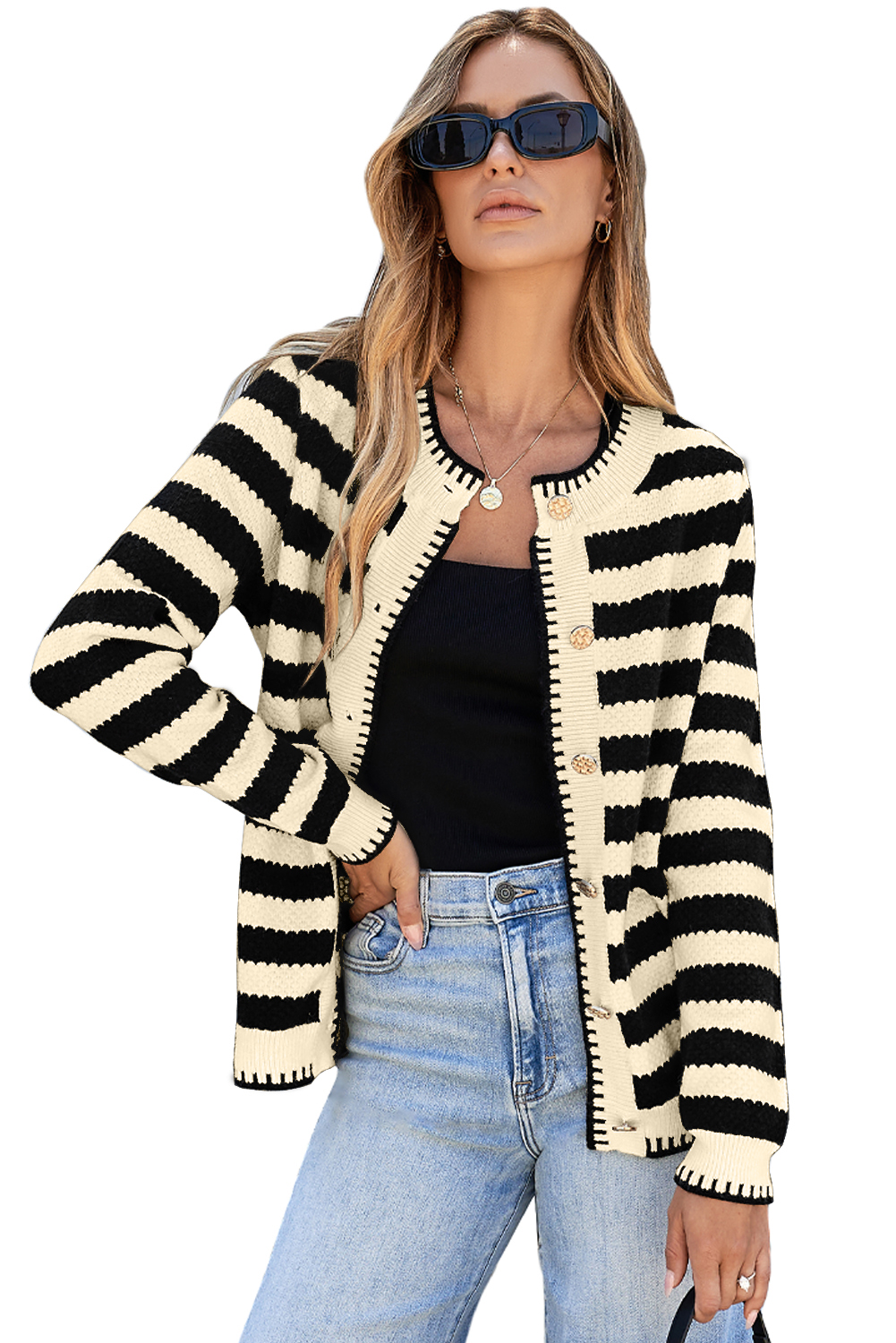 Casual Long Sleeve Cardigan Sweater - Stylish Apricot Stripes and Round Neck - Detail View 18