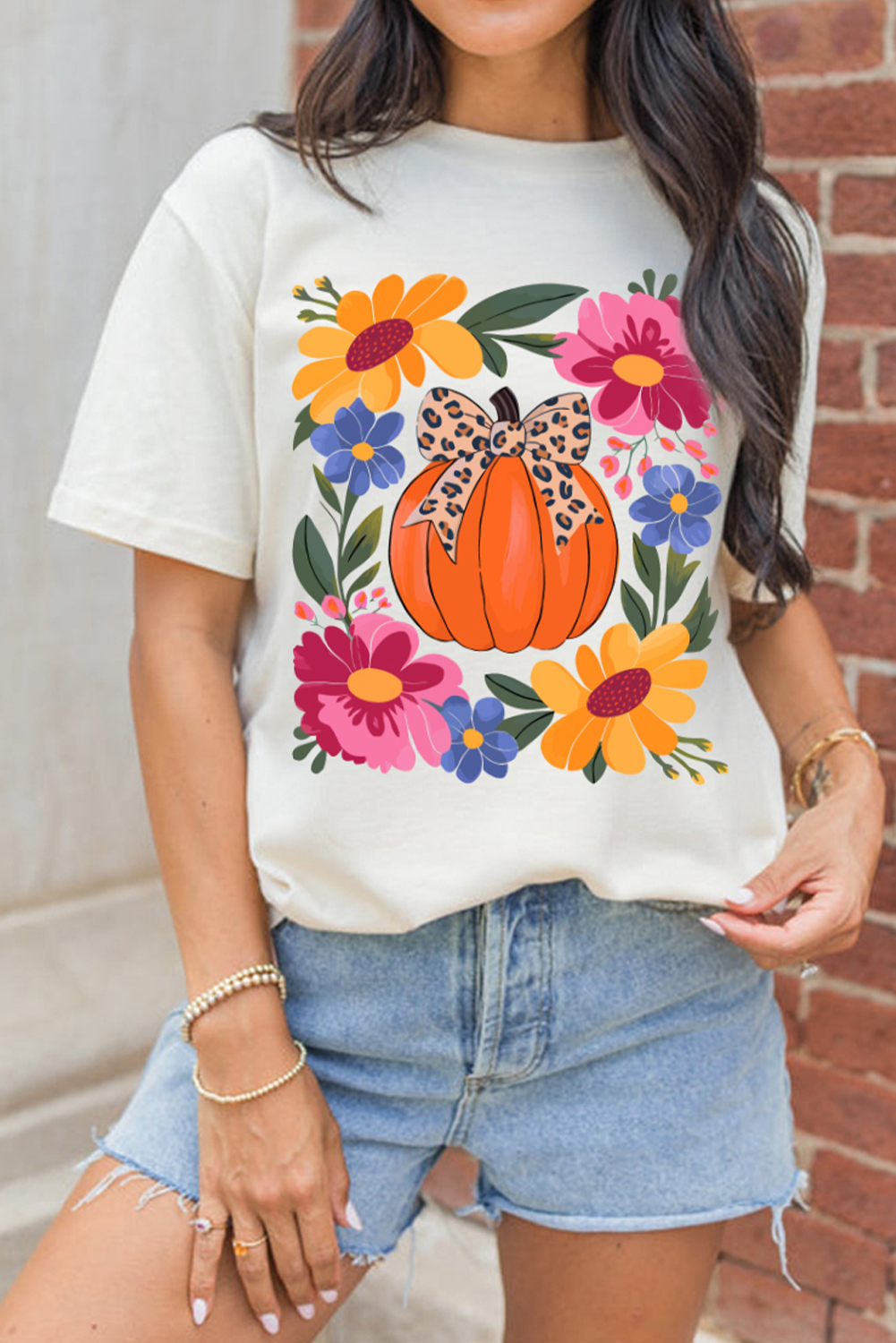 Women's White Pumpkin Floral Graphic Tee for Thanksgiving Celebrations - Detail View 5