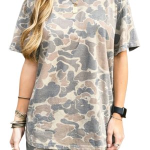 Women's Camouflage 2-Piece Outfit – Casual Short Sleeve Tee and High Waist Drawstring Shorts Set - Main View
