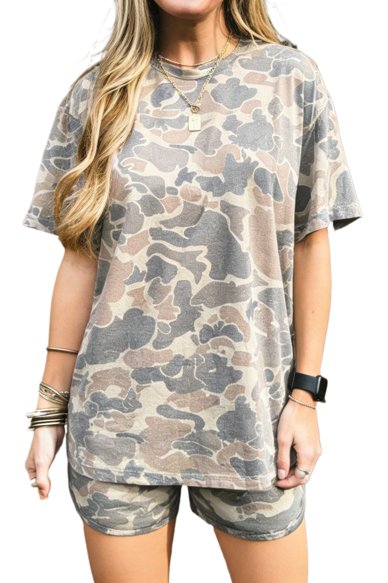 Women's Camouflage 2-Piece Outfit – Casual Short Sleeve Tee and High Waist Drawstring Shorts Set - Main View