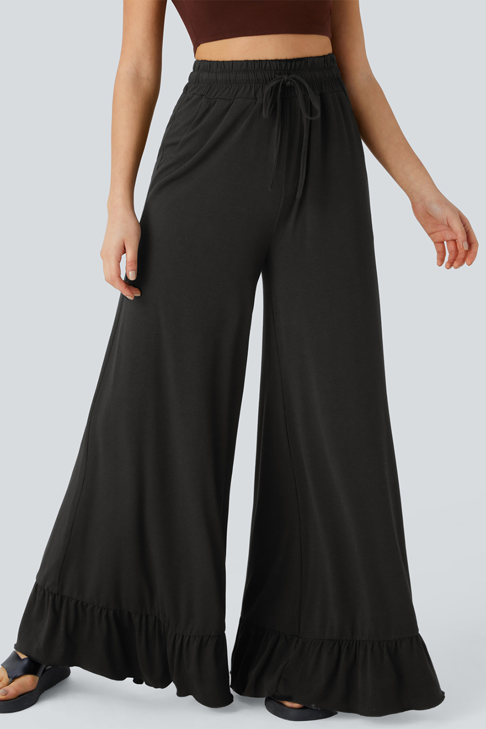 Comfortable Black Ruffled Wide Leg Pants - Perfect for Daily Wear and Autumn Style - Detail View 3