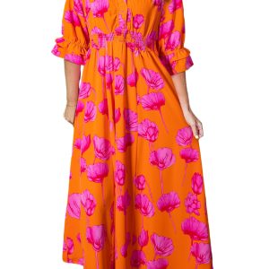 Women's Orange Floral Print Frilly Smocked V Neck 3/4 Sleeve Long Dress - Main View