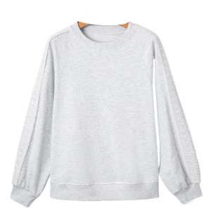 Women's Light Grey Lace Patchwork Raglan Sleeve Crew Neck Sweatshirt - Main View