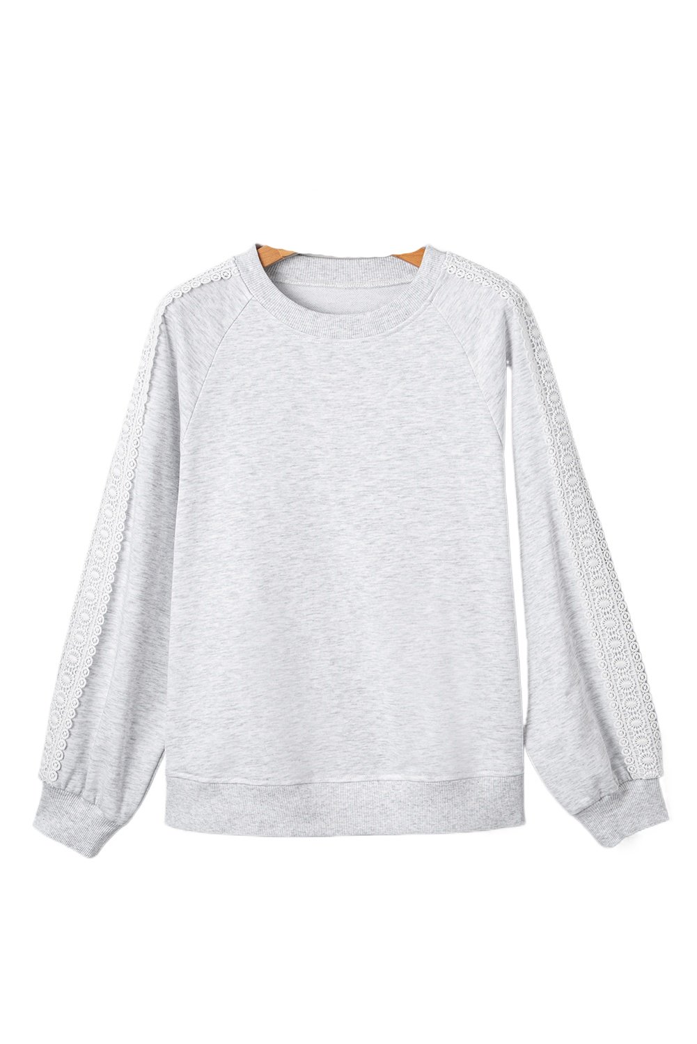 Women's Light Grey Lace Patchwork Raglan Sleeve Crew Neck Sweatshirt - Main View