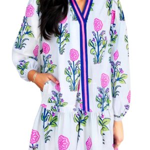 Women's White Floral Print Long Sleeve Dress with Contrast Striped Trim - Main View