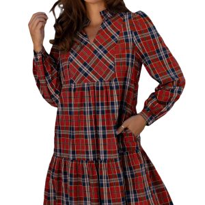 Women's Red Plaid Frilly Collar Long Sleeve Mini Shift Dress