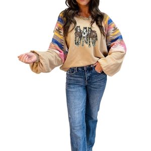Women's Light French Beige Sequined Western Horses Graphic Aztec Bubble Sleeve Sweatshirt - Main View