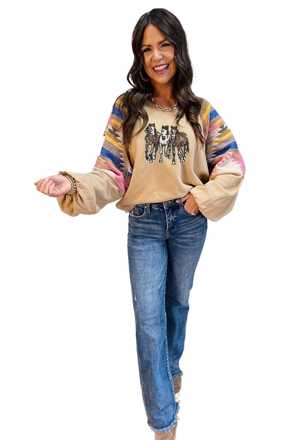 Women's Light French Beige Sequined Western Horses Graphic Aztec Bubble Sleeve Sweatshirt - Main View