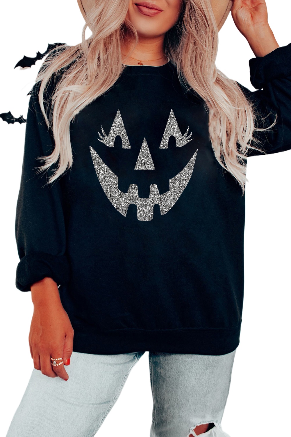 Cozy Halloween-Themed Black Sweatshirt with Spooky Face Print for Daily Wear - Detail View 2