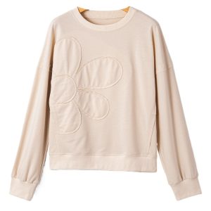 Casual Beige Raw Edge Flower Patch Drop Shoulder Long Sleeve Top - Main View