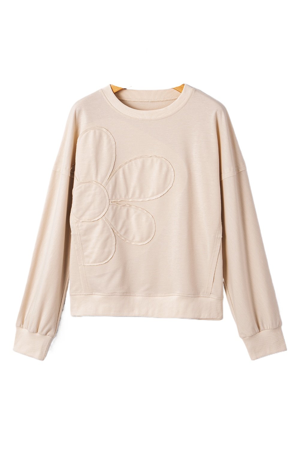 Casual Beige Raw Edge Flower Patch Drop Shoulder Long Sleeve Top - Main View