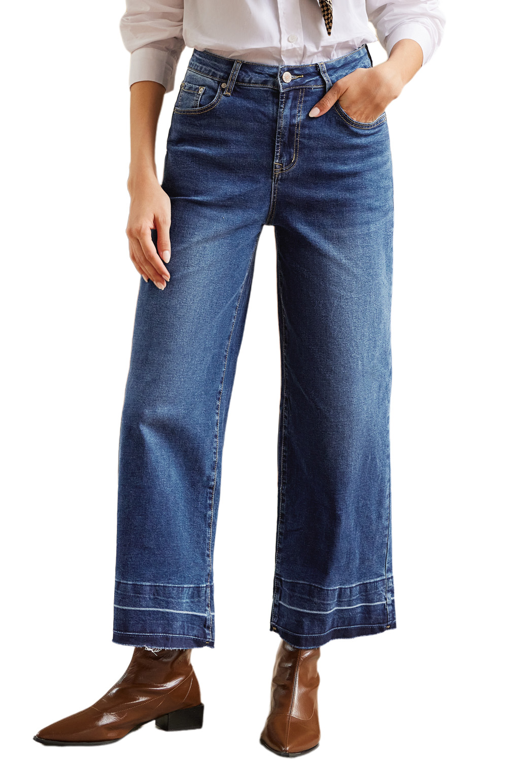 Women's Jeans, Real Teal, Raw Hem, Straight Leg, Loose Fit, High Waist, Casual Style, Daily Wear, Wide Leg, Denim, Fall Fashion, Solid Color, Comfortable, Versatile - Detail View 12