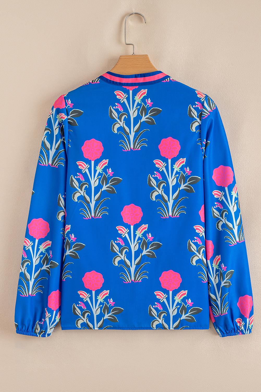 Women's Blue Floral Print Blouse with Contrast Striped Trim and Notched Neck - Detail View 5