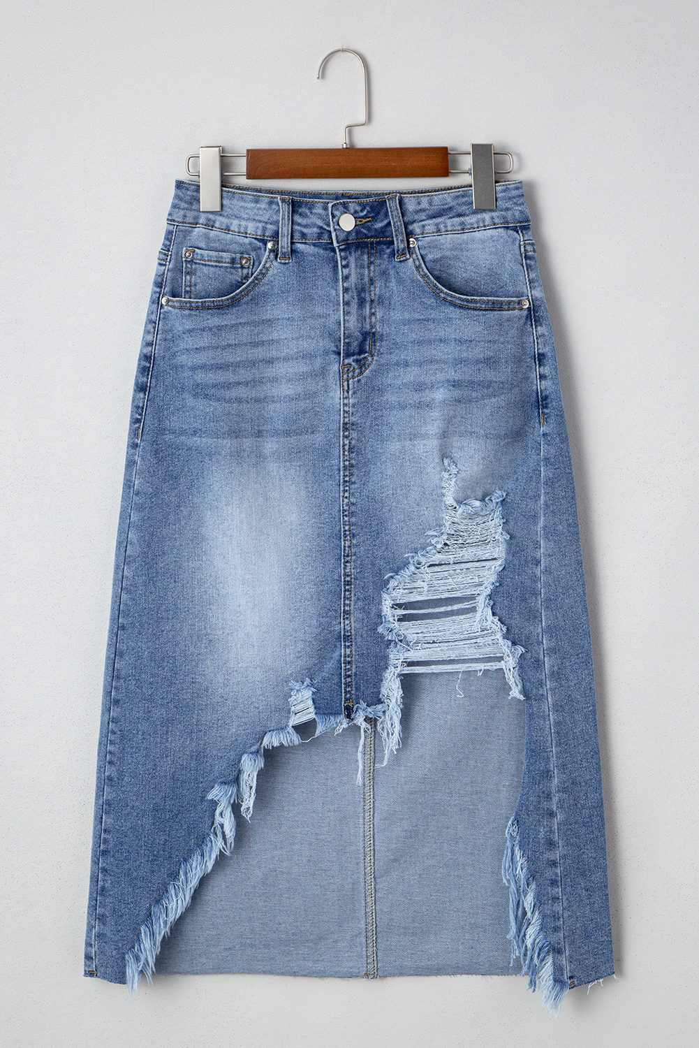 Myosotis Blue Irregular Distressed Bottom Denim Midi Skirt - Casual High Waist Design - Detail View 5