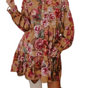 Brown Vintage Floral Print Half Button Long Sleeve Ruffle Mini Dress for Women - Main View