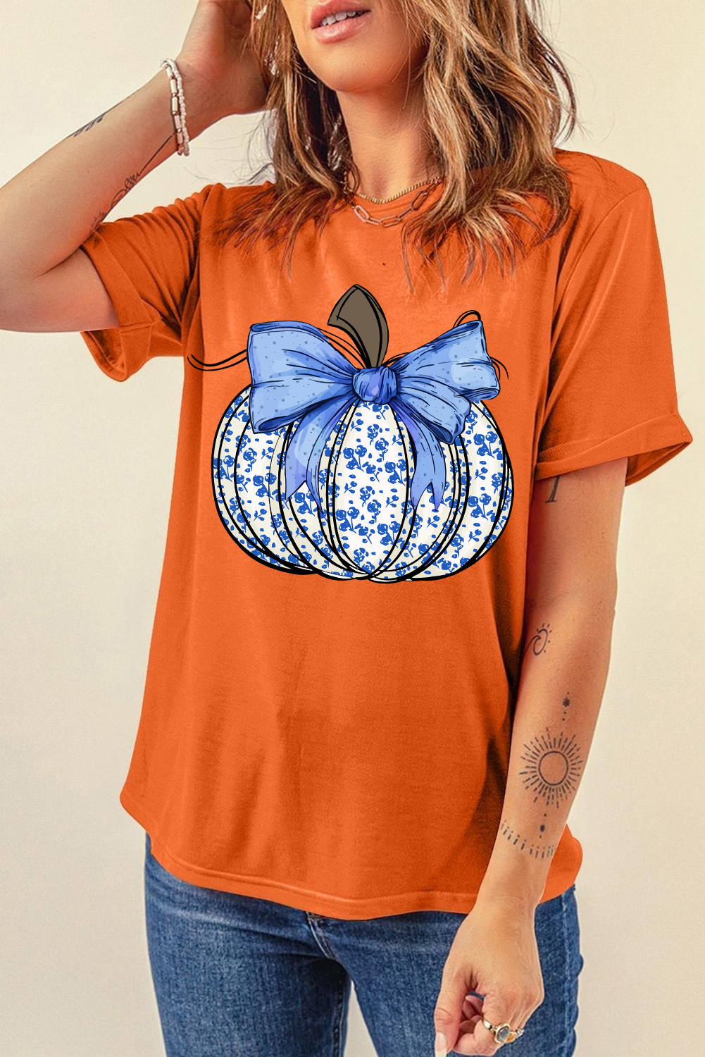 Stylish Orange Fall Graphic T-Shirt for Women - Comfortable and Festive - Detail View 7