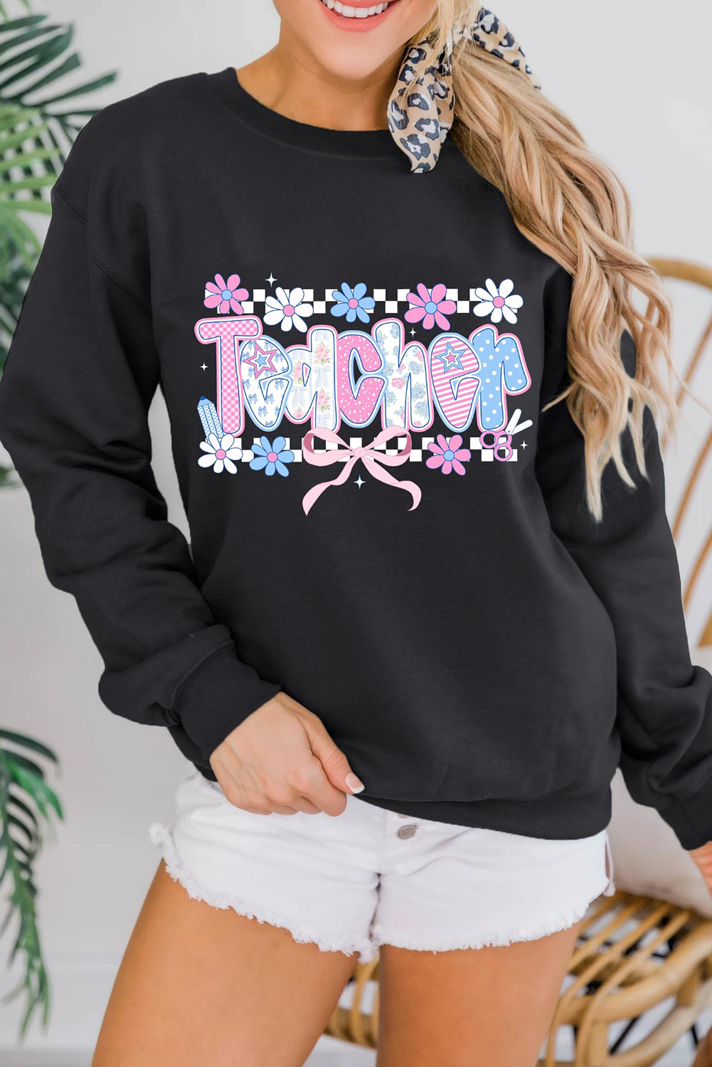 Cute and Comfy Black Pullover for Teachers - Vibrant Graphic Design - Detail View 2