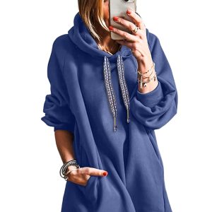 Women's Dirty Blue Fleece Lined Oversized Tunic Hoodie with Adjustable Drawstring - Main View
