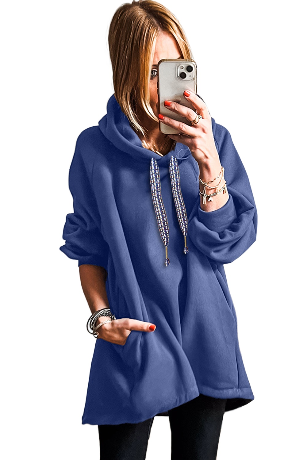 Women's Dirty Blue Fleece Lined Oversized Tunic Hoodie with Adjustable Drawstring - Main View
