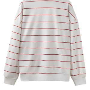 Women's Fiery Red Striped V-Neck Long Sleeve Top – Casual Drop Shoulder Shift for Daily Wear