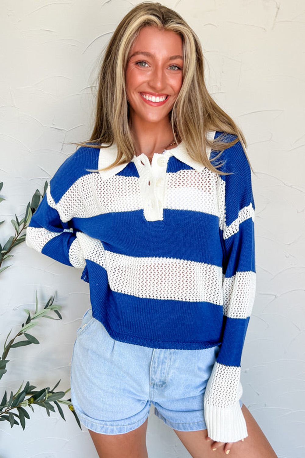 Women's Blue Stripe Colorblock Polo Collar Eyelet Crochet Knitted Sweater - Detail View 13