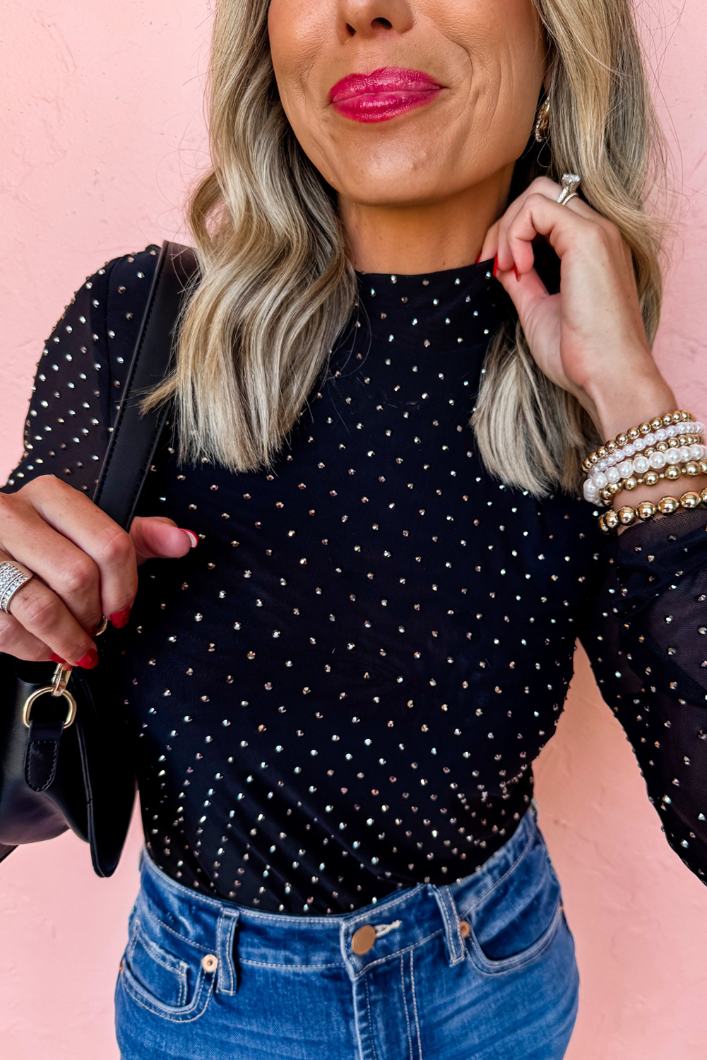 Glamorous Rhinestone Mesh Top for Women - Long Sleeve High Collar Shirt - Detail View 6