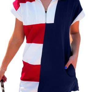 Women's Navy Blue Colorblock Striped Zip-Up Mini Dress – Chic Summer Casual Wear
