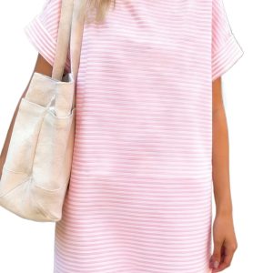 Women's Pink Striped Mock Neck Tee Dress – Cuffed Short Sleeve Shift Dress for Summer - Main View