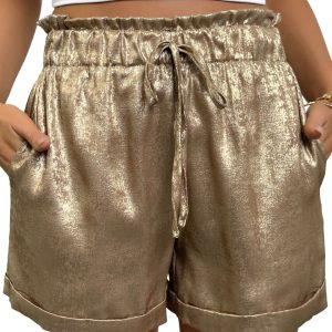 Women's Gold Metallic Luster Tie Shorts – Casual High Waist Cuffed Hem for Summer Outfits