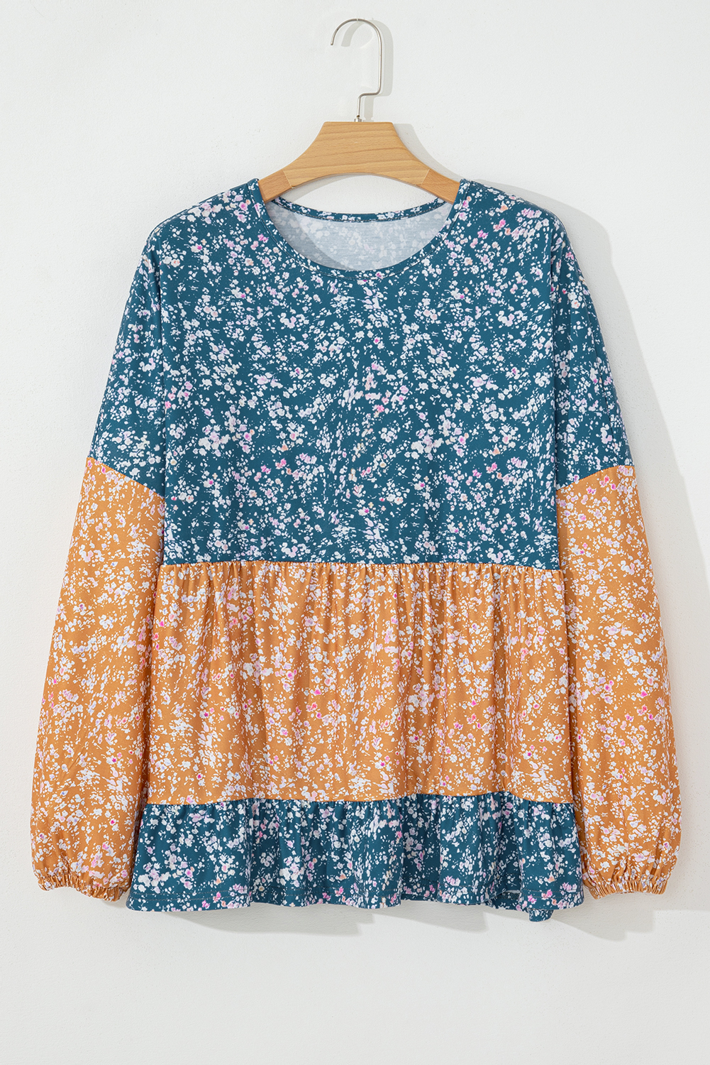 Versatile Women's Spring Blouse - Colorful Orange and Blue Patchwork with Round Neckline - Detail View 11