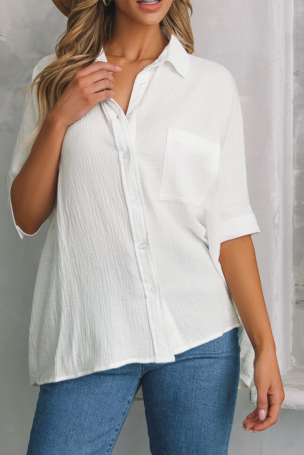 Casual Summer Oversized Shirt in White - 100% Cotton with Pocket Detail - Detail View 6