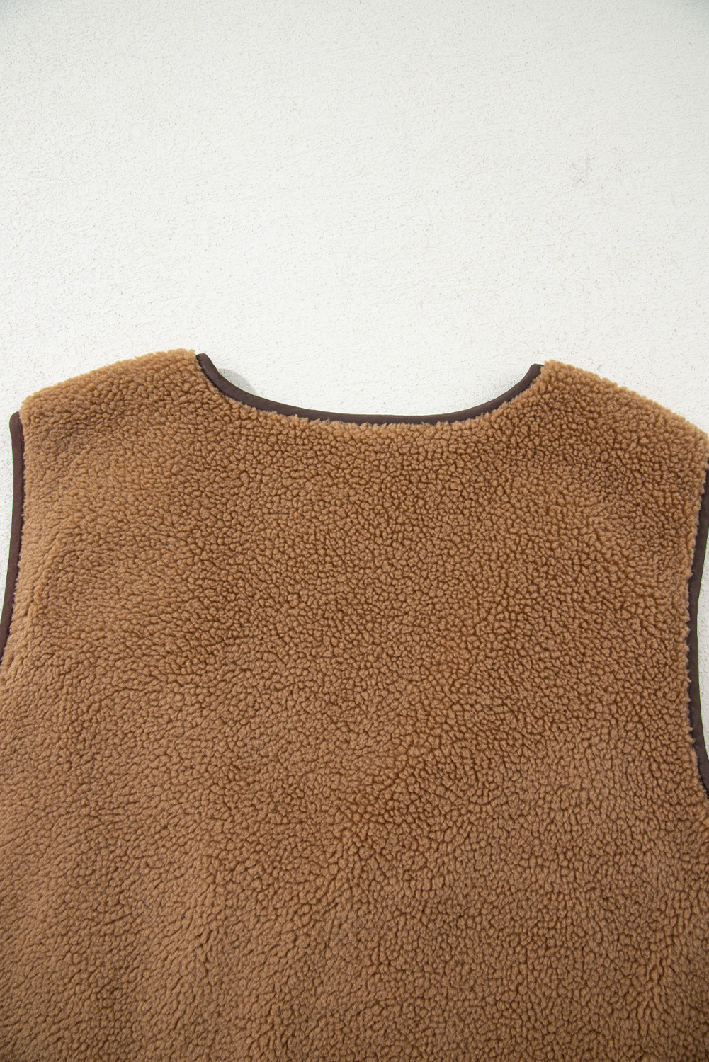 Women's Light French Beige Contrast Trim Tie Front Sherpa Vest - Cozy Fleece Outerwear - Detail View 9