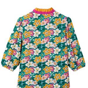 Women's Green Floral Print V Neck Blouse with Contrast Trim – Stylish 3/4 Sleeve for Summer