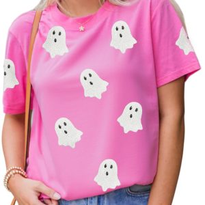 Sachet Pink Sequin Halloween Ghost Patched Casual T-Shirt for Women - Main View