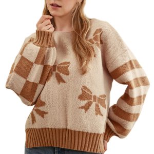 Women's Straw Yellow Bow Print Sweater – Casual Drop Shoulder Style for Daily Wear - Main View