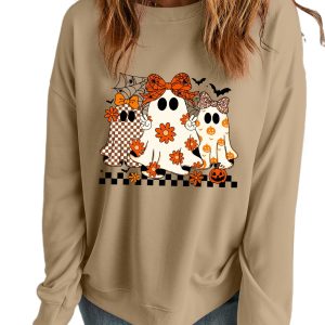 Women's Khaki Halloween Ghost Print Sweatshirt – Cozy Drop Shoulder Design for Fall Fun - Main View