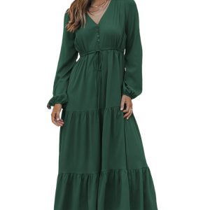 Women's Blackish Green V-Neck Long Sleeve Maxi Dress for Daily Wear