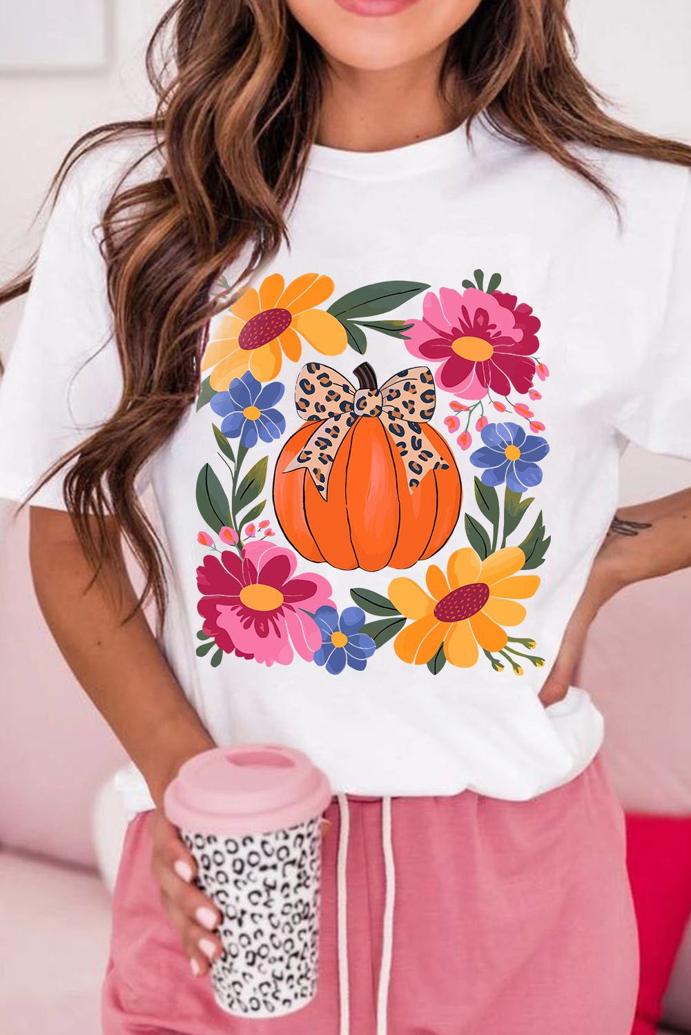 Casual Relaxed Fit White Holiday T-Shirt with Pumpkin Floral Design - Detail View 3