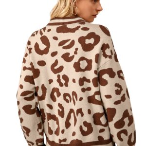 Women's Light French Beige Leopard Print V-Neck Casual Sweater