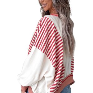 Women's Oversized Red Stripe Colorblock Sweatshirt with Patchwork and Contrast Stitching - Main View
