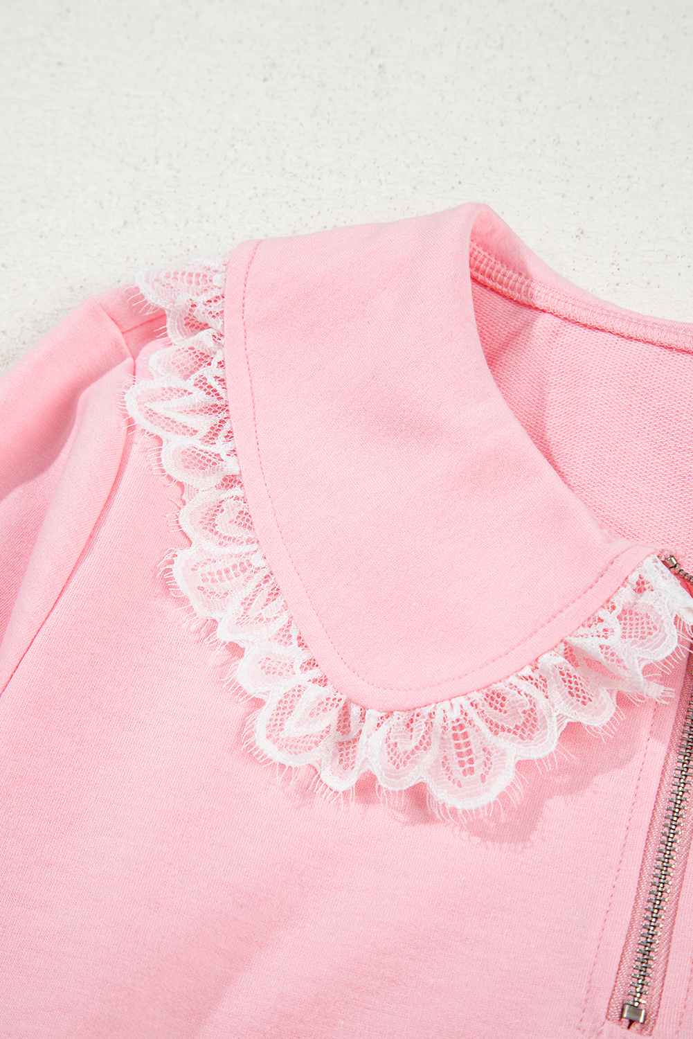 Pink Two Piece Set, Peter Pan Collar, Lace Embellished, Sweatshirt and Skirt, Long Sleeve, High Waist, Daily Occasion, Southern Belle Style, Cute Outfit, Fall Fashion, Solid Pattern, Comfortable Material, 75% Polyester, 20% Cotton, 5% Elastane - Detail View 16