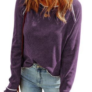 Women's Tillandsia Purple Waffle Knit Long Sleeve Top for Casual Daily Wear