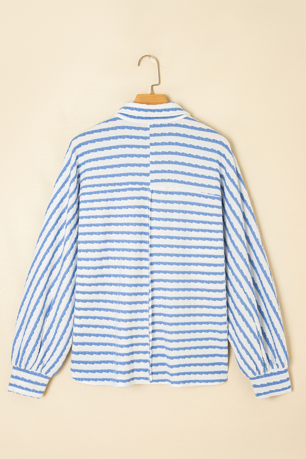 Women's Sky Blue Stripe Half Button Collared Blouse with Chest Pockets - Detail View 5