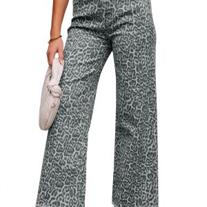 Women's Gray Leopard Frayed Edge Wide Leg High Waist Jeans - Casual Daily Style