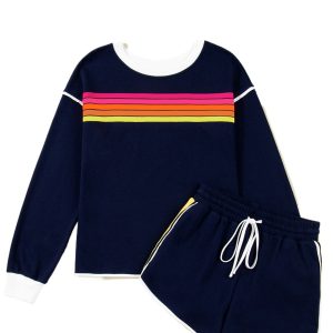 Women's Bluing Colorful Striped Varsity Long Sleeve Pullover and Shorts Set – Casual Daily Wear for Fall Comfort
