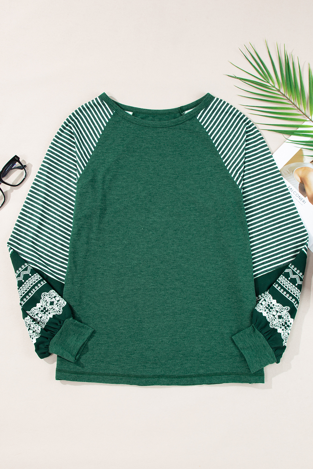 Stylish Long Sleeve Raglan Top in Blackish Green with Contrast Stripes - Detail View 10