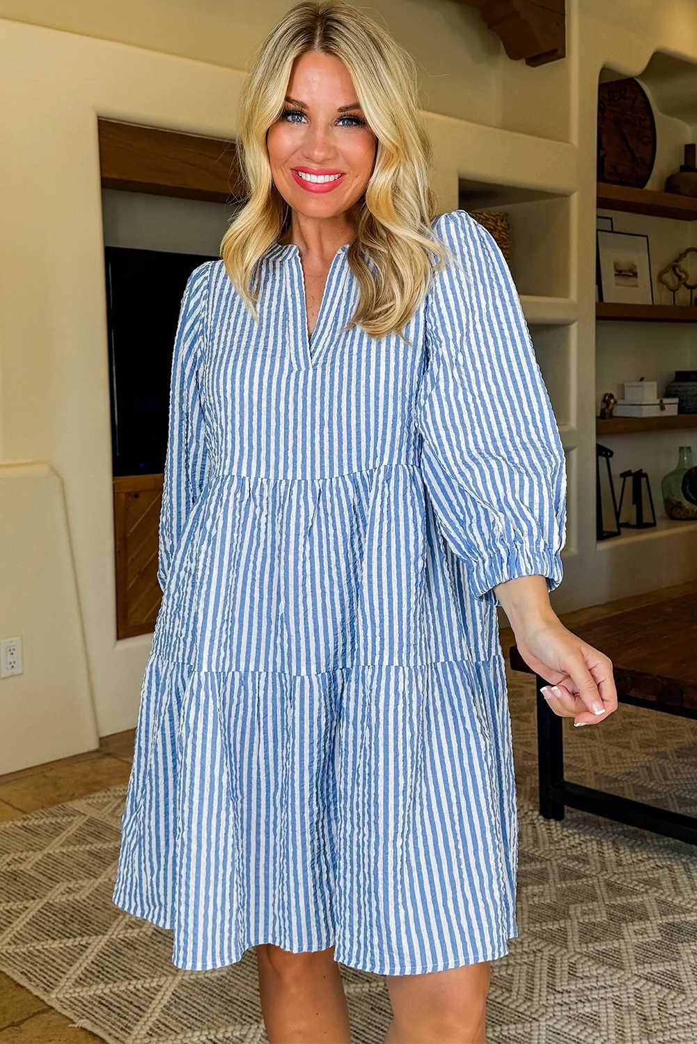 Casual Spring Dress for Women - Tiered Shift Design with Classic Pinstripes - Detail View 3