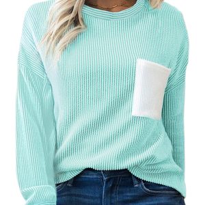 Women's Iceland Blue 3D Ribbed Texture Long Sleeve Top with Contrast Patched Pocket - Main View
