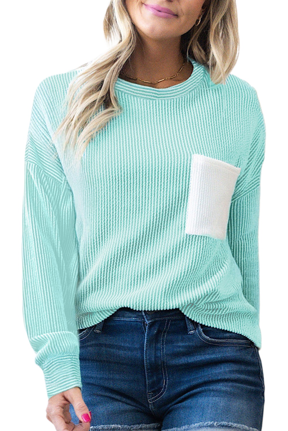 Women's Iceland Blue 3D Ribbed Texture Long Sleeve Top with Contrast Patched Pocket - Main View