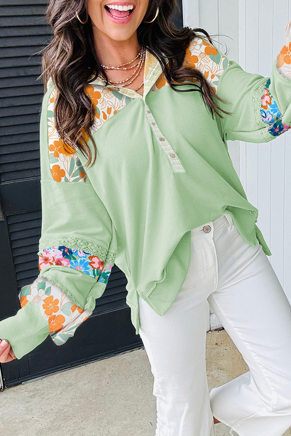 Casual Clearly Aqua Floral Patchwork Hoodie with Lace Detail - Perfect for Fall - Detail View 2
